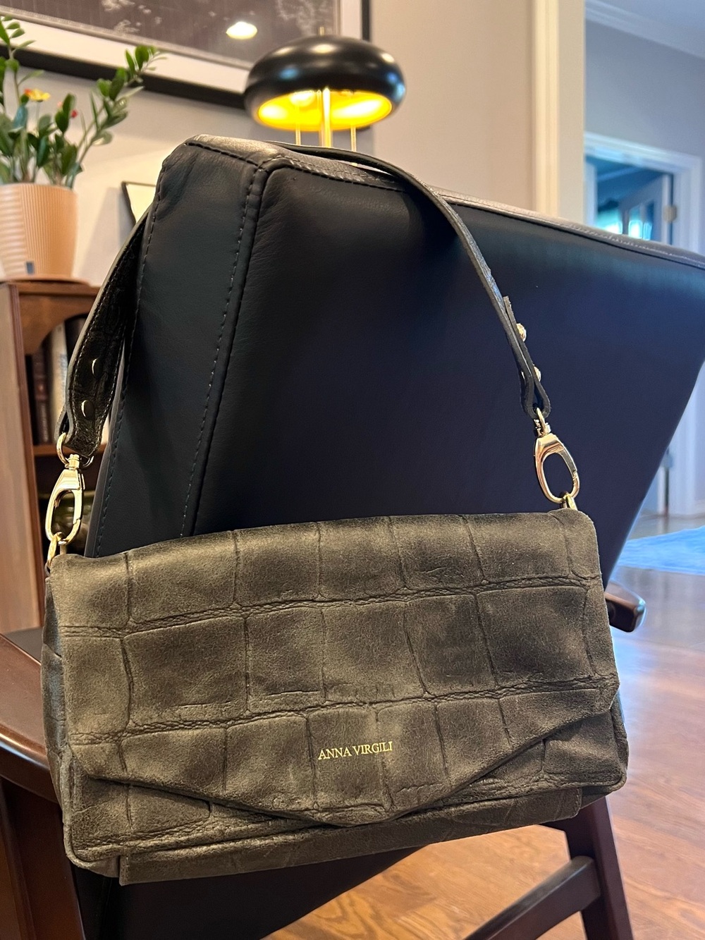 Italian Leather Charcoal Croc-Embossed Y2K Shoulder Bag Detachable Crossbody
